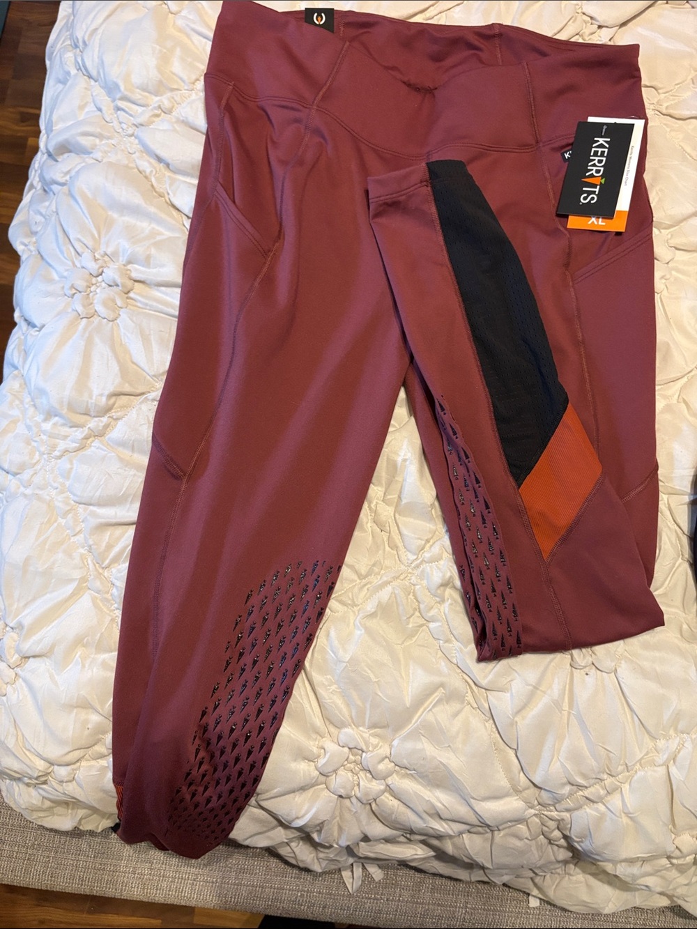 Kerrits Burgundy britches riding pants with Black Mesh & Rust Accent dressage